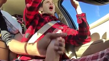 Vicious friends jerking off in the car while driving.
