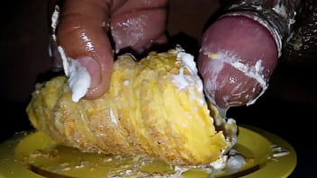 Fucking my cream filled scone like a fleshlight. filling it up with my cock cream.