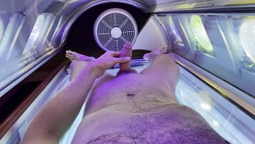  Hairy Submissive Gay Guy Shows His Big Dick in Public Tanning Bed