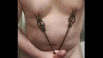  Chubby Gay Twink Experiments with Nipple Clamps and Erupts in Hot Cumshot